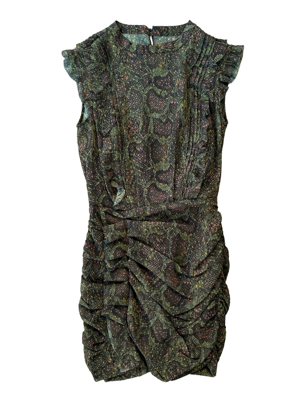 Green Snake-Print Ruffle Draped Dress